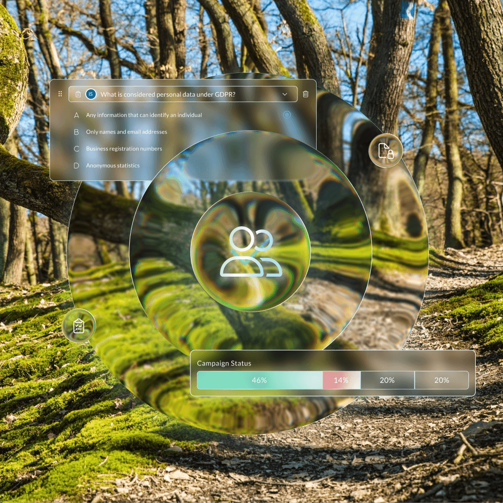 Security awareness dashboard showing campaign status, GDPR quiz question, and culture benchmarking metrics in NorthGRC.