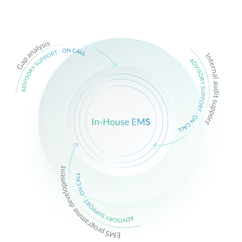 Diagram of a self-sufficient in-house EMS with on-demand advisory support available for gap analysis and audit assistance